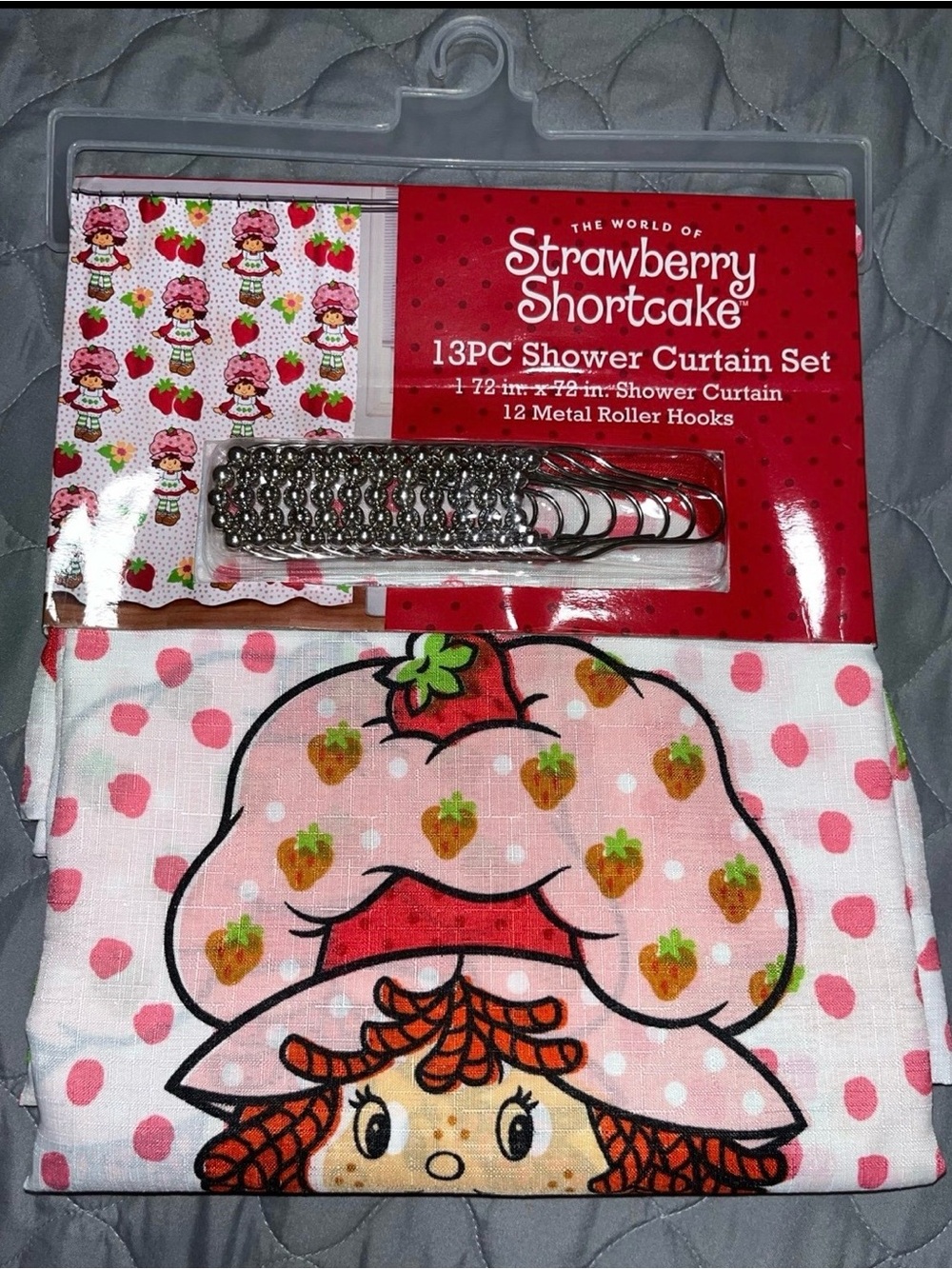 Strawberry Shortcake Pink Dots Shower Curtain  13 PC 72”x 72” NWT